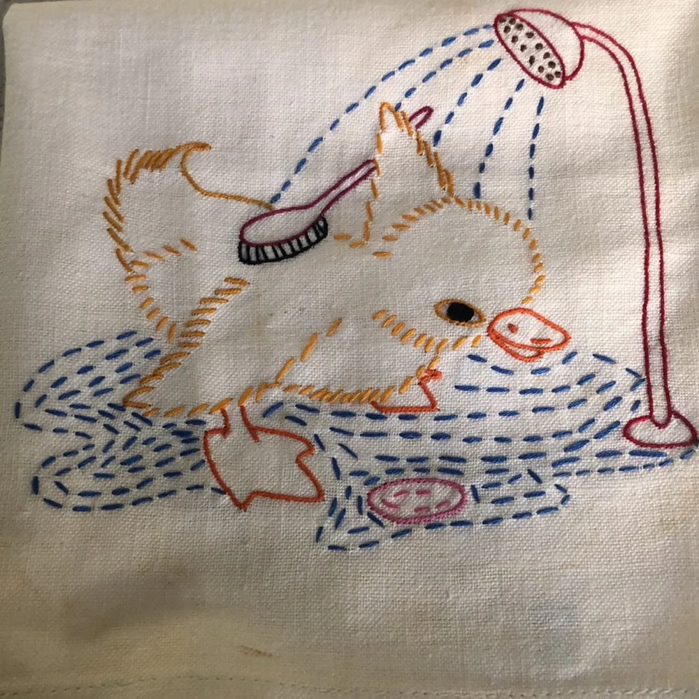 4 vintage hand embroidered canon linen tea towels with baby ducks and baby lamb